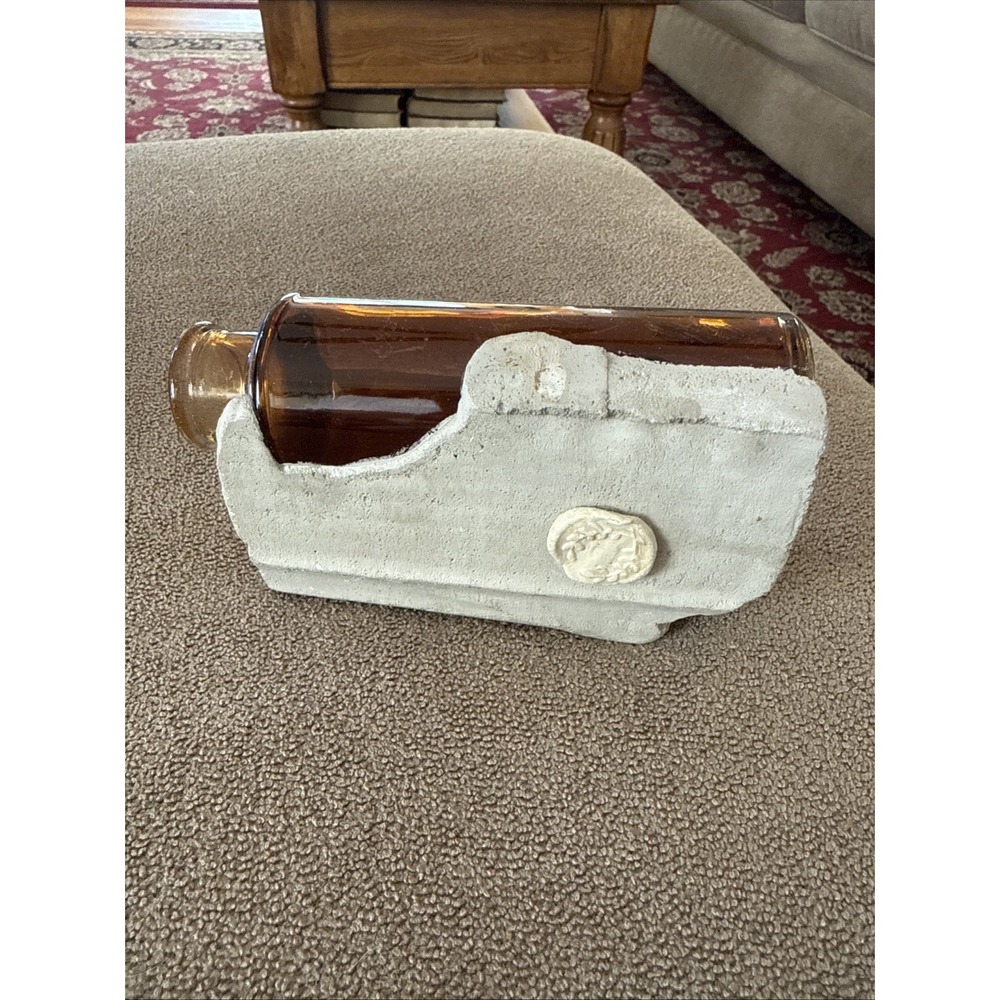 Vintage Amber Brown Glass Bottle Jar Still Embedded In Concrete/clay (TD)